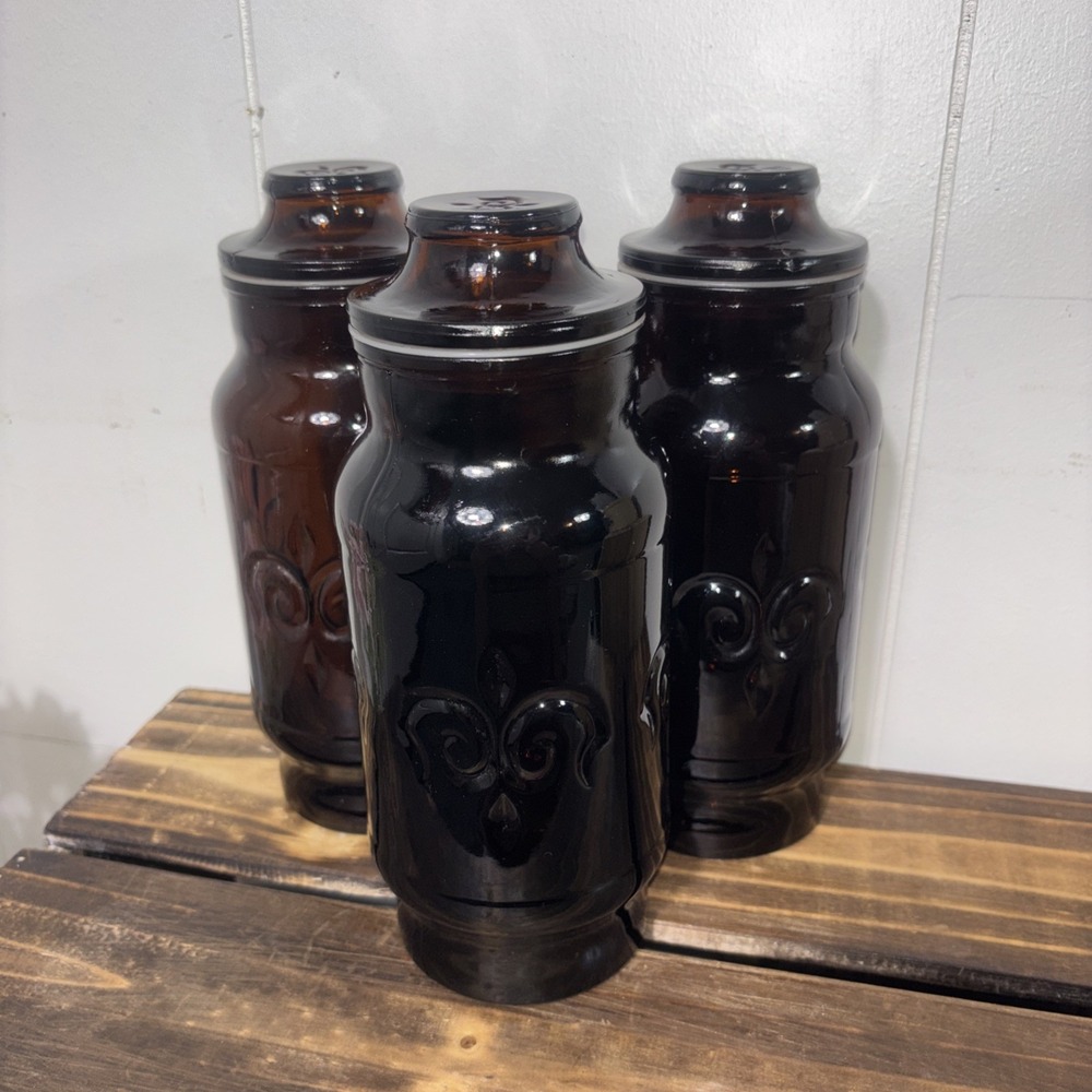 Vintage 1970s Borden Cremora Amber Glass Canister Apothecary Jar Fleur De Lis